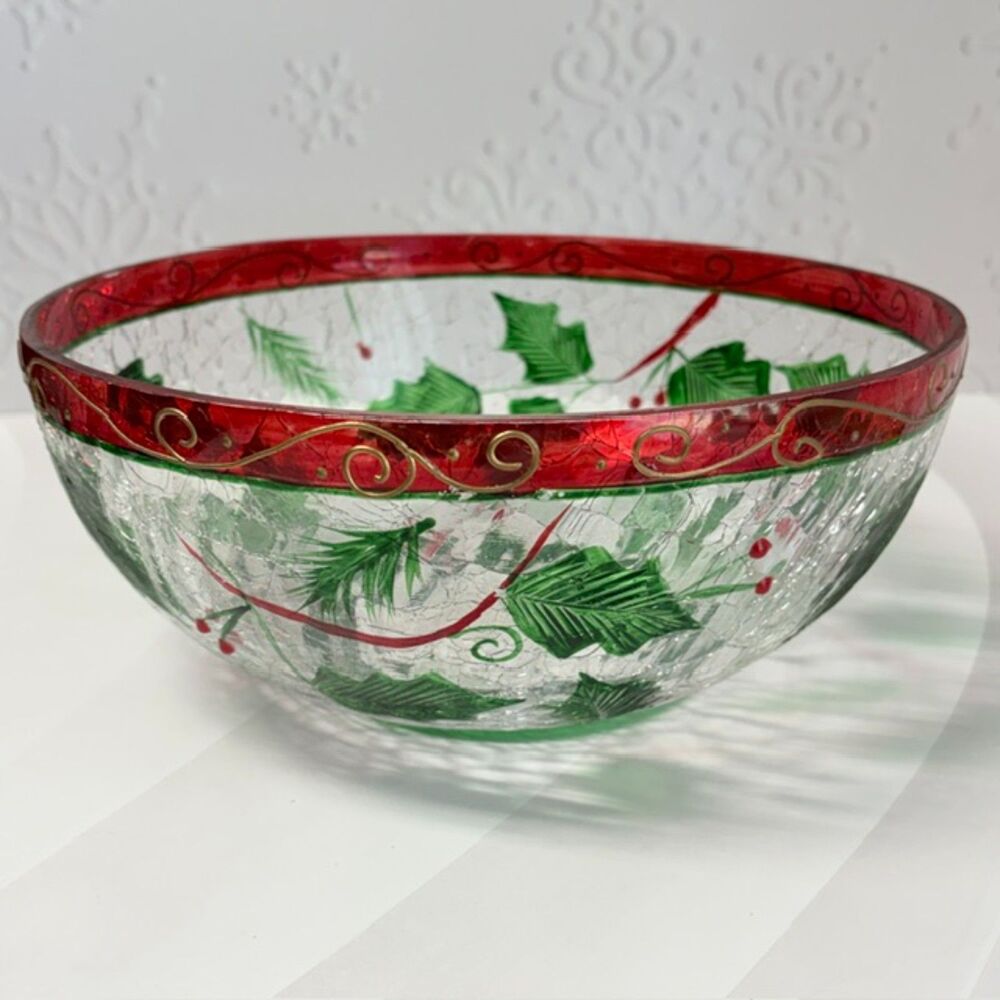 Yankee Candle Holly Berry Crackle Glass Christmas Bowl 1125138 9.5"